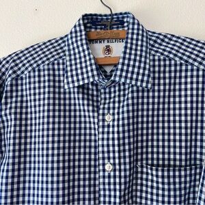 Tommy Hilfiger white blue check button up cuff link dress shirt size 16 32/33